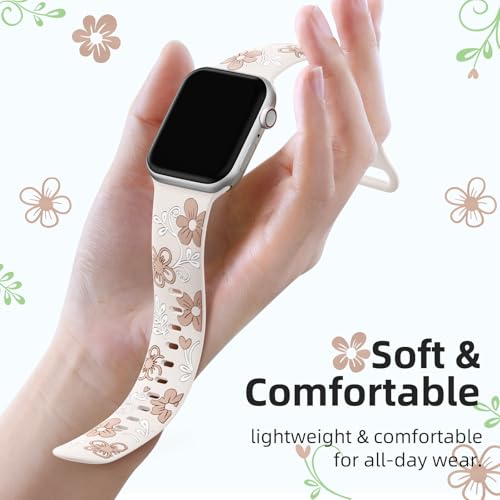 Witzon Floral Band Compatible with Apple Watch Bands For Women 41mm 40mm 38mm 42mm 44mm 45mm 46mm 49mm, Engraved Cute Flower Soft Silicone Strap for iWatch Series 11 10 9 8 7 6 5 4 3 2 1 SE Ultra