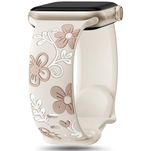 Witzon Floral Band Compatible with Apple Watch Bands For Women 41mm 40mm 38mm 42mm 44mm 45mm 46mm 49mm, Engraved Cute Flower Soft Silicone Strap for iWatch Series 11 10 9 8 7 6 5 4 3 2 1 SE Ultra