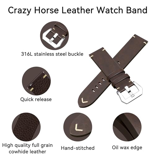 RBIPO Leather Watch Band, Quick Release Oil Wax Leather Watch Strap, with Stainless Steel Buckle 20mm 22m 24mm