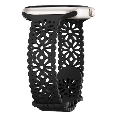 Slim Lace Hollow-out Silicone Bands Compatible with Apple watch Band for Women 38mm 40mm 41mm 42mm 44mm 45mm 46mm 49mm, Soft Thin Floral Engraved Strap for iWatch Series 11 10 9 8 7 6 5 4 3 SE Ultra