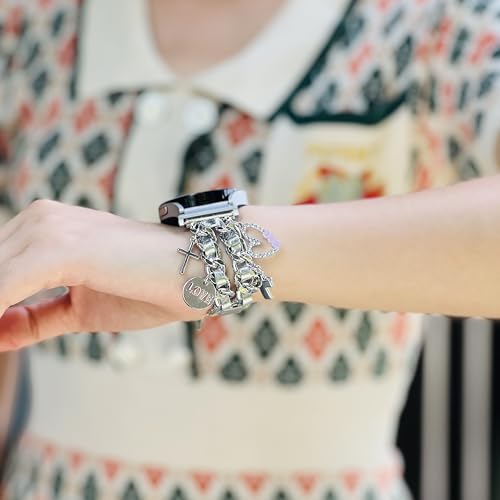 Silver Bracelet Band with Cute Charm Compatible for Samsung Galaxy Watch 7 6 5 4 FE 40mm 44mm/5 Pro 45mm/6 Classic 43mm 47mm/4 Classic 42mm 46mm, Galaxy Active 2, 20mm Metal Replacement Strap for Women