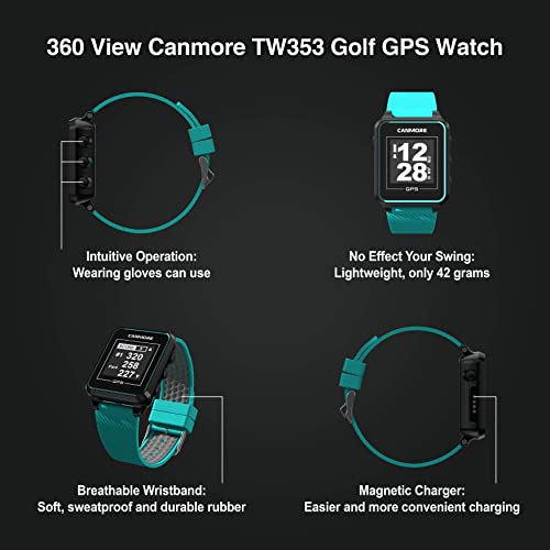 CANMORE TW353 Golf GPS Watch for Men and Women, High Contrast LCD Display, Free Update Over 41,000 Preloaded Courses Worldwide, Lightweight Essential Golf Accessory for Golfers, Black/Gray/Turquoise