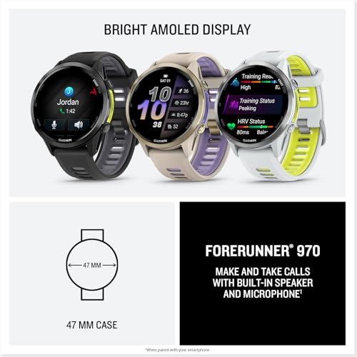 Garmin® Forerunner® 970, Premium GPS Running and Triathlon Smartwatch, AMOLED Display, Built-in LED Flashlight, Carbon Gray DLC Titanium with Black Case and Translucent Whitestone Band