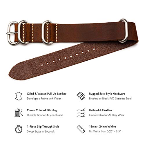 Benchmark Basics Leather Watch Band - Crazy Horse Oiled Leather One-Piece Watch Strap - 20mm Dark Brown