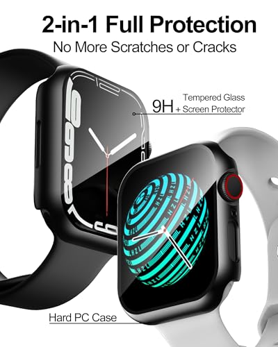Smiling 2 Pack Case Compatible with Apple Watch Series 9 (2023)/Series 8 /Series 7 45mm with Tempered Glass Screen Protector, Hard PC Overall Protective Cover- Black