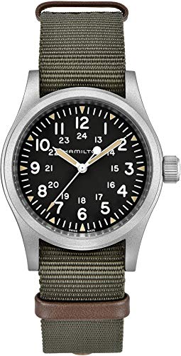 Hamilton Khaki Field Mechanical Men's Watch, 38mm Stainless Steel Case, Swiss Made, Black Dial Analog Wrist Watch for Men, 50m Waterproof, Sapphire Crystal, Textile Strap