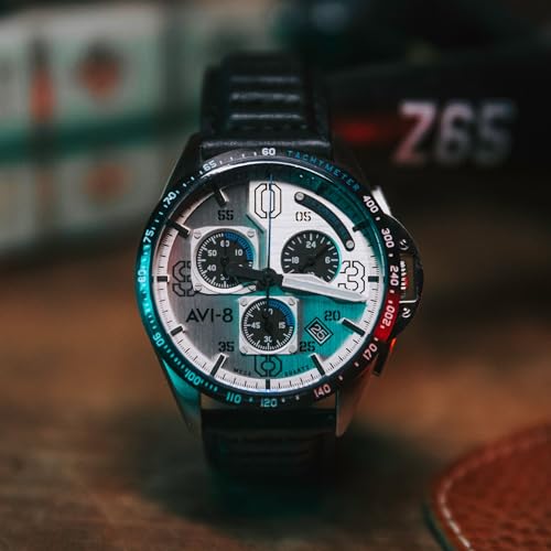 AVI-8 P-51 Mustang Blakeslee Men's Chronograph Pilot Watch – Japanese Meca-Quartz Movement, 43mm Stainless Steel Case, Leather Strap, AV-4077-01