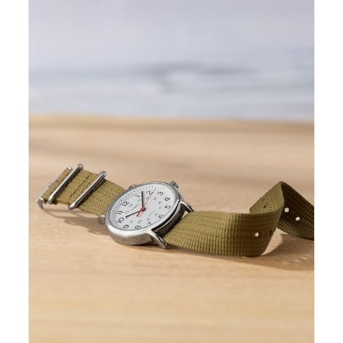 Timex Unisex Weekender 38mm Watch – Silver-Tone Case White Dial with Olive Fabric Slip-Thru Strap