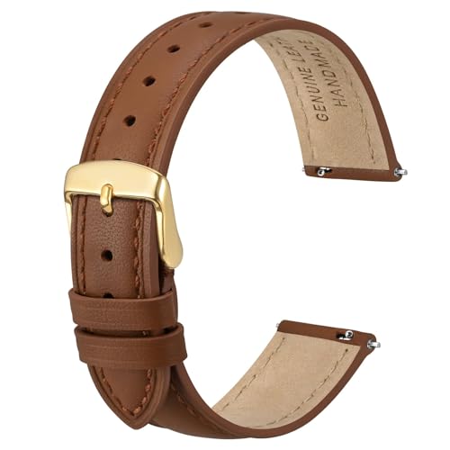 ANBEER 12mm Flat Thin Elegant Genuine Leather Watch Strap,Quick Release Replacement Watch Band,Brown with Gold Buckle