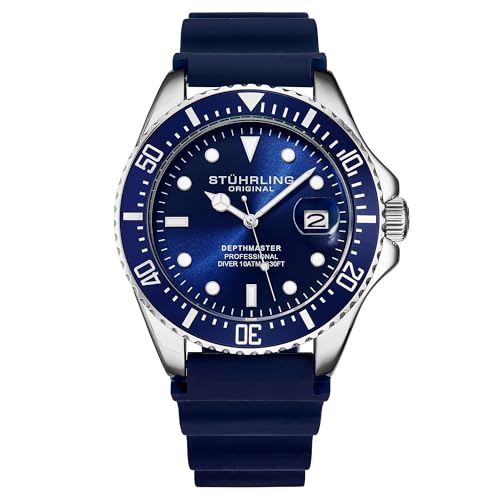 Stuhrling Original Men's Watch Dive Watch Silver 42 MM Case with Screw Down Crown Rubber Strap Water Resistant to 330 FT