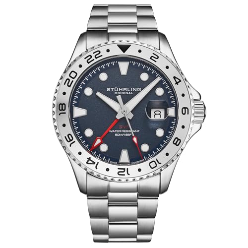 Stuhrling Original Equinox GMT 4077 Men’s 43mm Quartz GMT Watch – Dual-Time Movement, Bi-Directional Bezel, Stainless Steel Bracelet