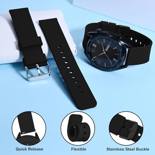 WOCCI 18mm Silicone Watch Band, Quick Release Rubber Replacement Strap with Black Stainless Steel Buckle (Black)