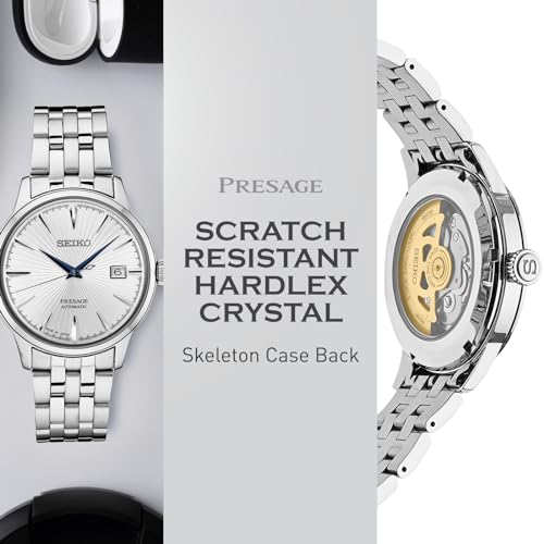 SEIKO SRPB77 Automatic Watch for Men - Presage Cocktail Time - Patterned Silver Dial with Gloss Finish, Date Calendar, 50m Water-Resistant