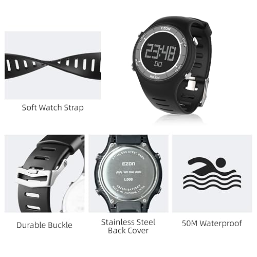 EZON Digital Watch with Stopwatch Countdown Timer Alarm EL Backlight,Ultra-Thin Large Display 5ATM Waterproof Digital Wrist Watches for Men Women