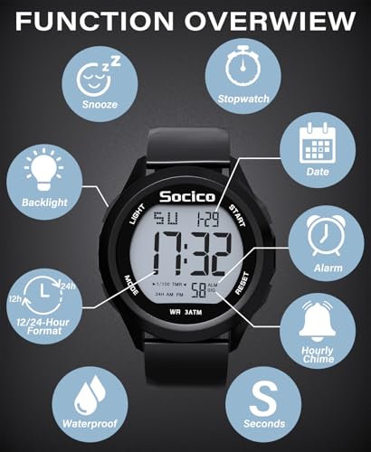SOCICO Mens Digital Watch Sports Waterproof Outdoor Large Face Military Watches with Stopwatch Back Light Alarm Date Display