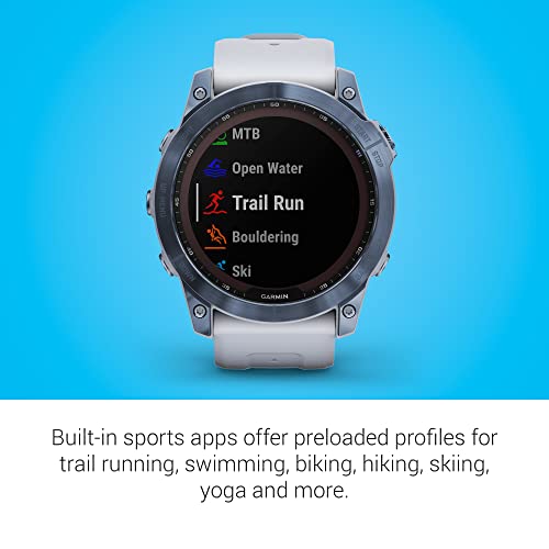 Garmin Fenix 7X Sapphire Solar, Adventure Smartwatch, w/Solar Charging Capabilities, Rugged Outdoor GPS Watch, Touchscreen, Wellness Features, Mineral Blue Titanium w/Whitestone Band (Renewed)