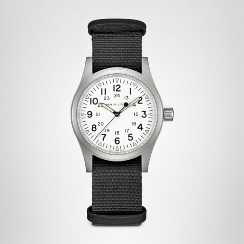 Hamilton Khaki Field Mechanical Men's Watch, 38mm Stainless Steel Case, Swiss Made, White Dial Analog Wrist Watch for Men, 50m Waterproof, Sapphire Crystal, Textile Strap