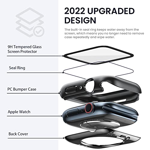 Tensea (2 in 1) for Waterproof Apple Watch Screen Protector Case 44mm SE 3/SE 2nd Generation/SE/Series 6/5/4 Accessories, 360 Front and Back, iWatch Face Cover with Tempered Glass for Women Men, 44 mm