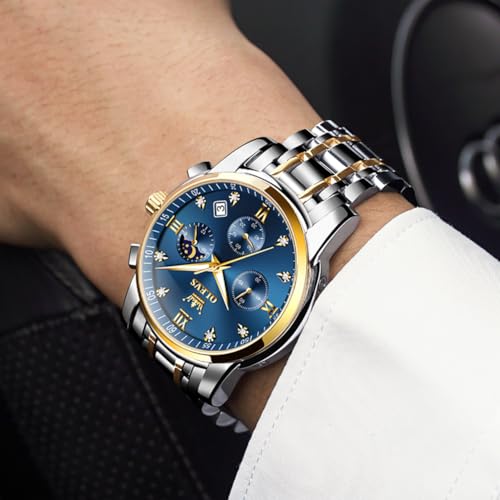 OLEVS Watch for Men Diamond Business Dress Analog Quartz Stainless Steel Waterproof Luminous Date Two Tone Luxury Casual Wrist Watch Blue