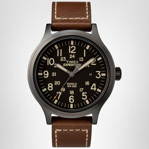 Timex Men's Expedition Scout 43mm Watch – Black Dial & Case with Brown Leather Strap