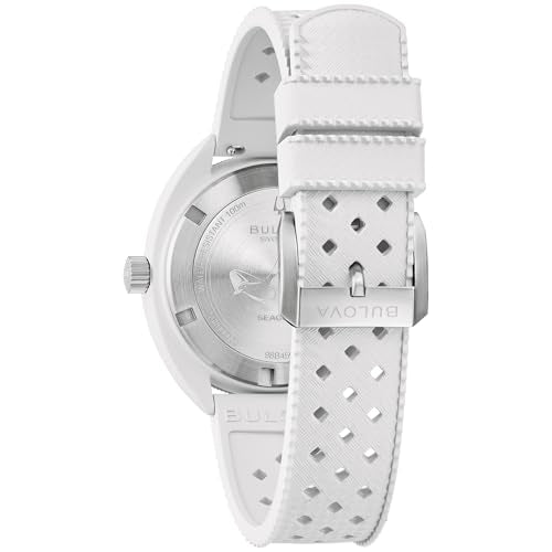 Bulova Men's Oceanographer Snorkel Ceramic Case and White Perforated Rubber Strap Watch, Day Date 100M WR