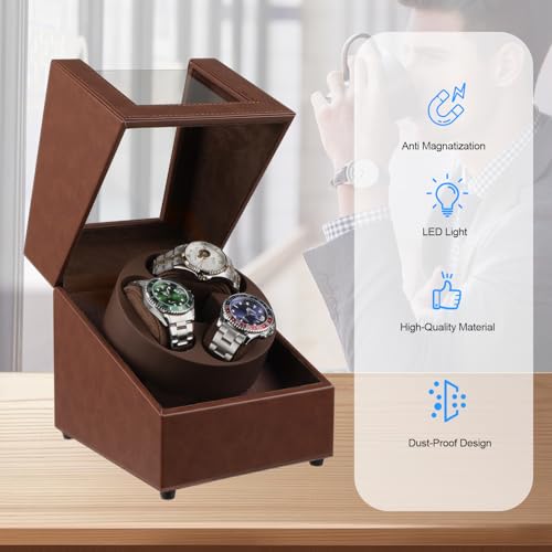 J&T Technology Watch Winder for Automatic Watches,Automatic Watch Winder with LED Light,Rotating Watch Case with Japanese Quiet Motor,4 Rotation Modes,USB Type C