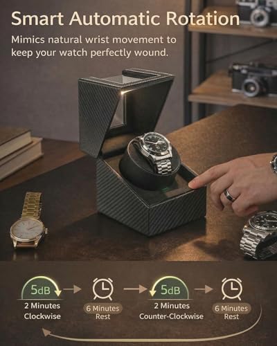 Watch Winder for Automatic Watches: Single Watch Winder Box with Quiet Japanese Motor - Rotating Watch Case in Black Carbon Fiber Leather Storage Display Box for Men (2026 New)