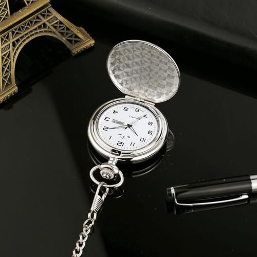 BOSHIYA Smooth Quartz Pocket Watch for Men Classic Arabic Digital Luminous Dial with Day Date and Chain Christmas Graduation Birthday Gift Silver