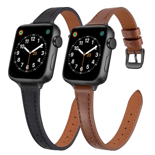 SEURE 2-pack Leather Band Compatible with Apple Watch Bands for women 38mm 40mm 41mm 42mm 44mm 45mm 46mm,Top Genuine Leather Wristband Slim Thin Strap for iWatch SE Series 11/10/9/8/7/6/5/4/3/2/1