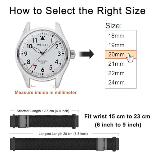 WOCCI 20mm Braided Nylon Watch Band for Men and Women, Quick Release, Black Stainless Steel Buckle (Black)