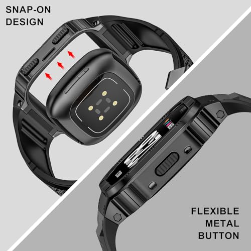 MioHHR Stainless Steel Case and Band Compatible with Fitbit Versa 4/3/2/Lite/Sense/Sense 2 Bands with Metal Case, Rugged Sports Protector Cover Silicone Wristbands for Men, Black