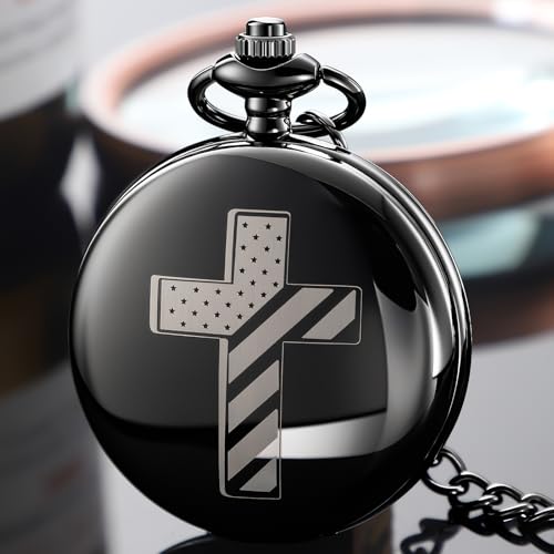 Tiong Bible Verse Pocket Watch Vintage Quartz Pocket Watches Cross American Flag Pattern with Chain Christmas Graduation Birthday Gifts Father's Day