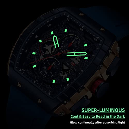 MF MINI FOCUS Men's Watch Fashion Tonneau Wrist Watches (Chronograph/Waterproof/Luminous/Calendar) Silicon Strap Quartz Watches for Men (Black & Golden)