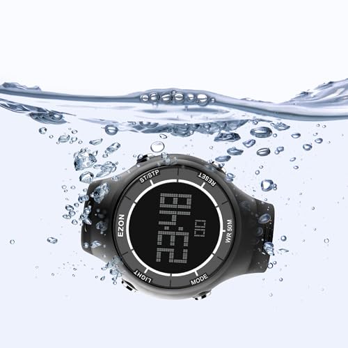 EZON Digital Watch with Stopwatch Countdown Timer Alarm EL Backlight,Ultra-Thin Large Display 5ATM Waterproof Digital Wrist Watches for Men Women