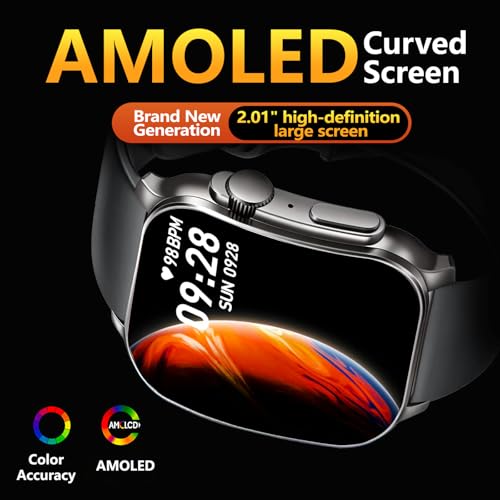 Smart Watch for Men, 2.01" AMOLED Curved HD Screen Smart Watch, Fitness Tracker with 24/7 Heart Rate/Sleep Monitor, IP68 Waterproof Running Watch, Compatible with iOS & Android for Daily Workout Black