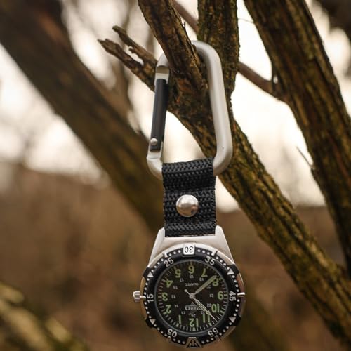 Dakota Backpacker Clip, Clip Watch, Nylon Carabiner Strap, Lightweight Watch Watch, Outdoor Gifts for Men and Women, Use for Fishing, Hunting, Golf and More, Tactical Watch-Black