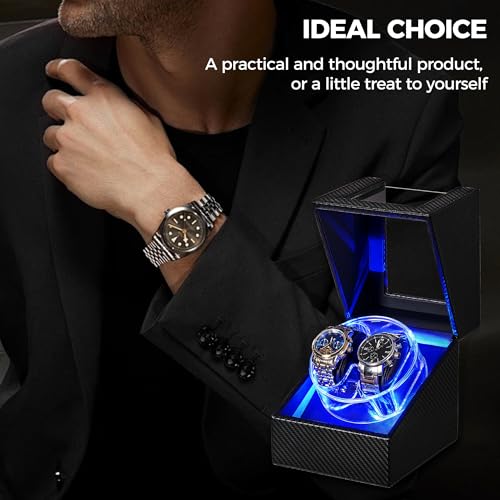 ANWBROAD Watch Winder for Automatic Watches, 4 Modes Double Automatic Watch Winder box with LED Crystal Design, Rotating Watch Case with Super Quiet Motor with Type-C Adapter UJWW007C