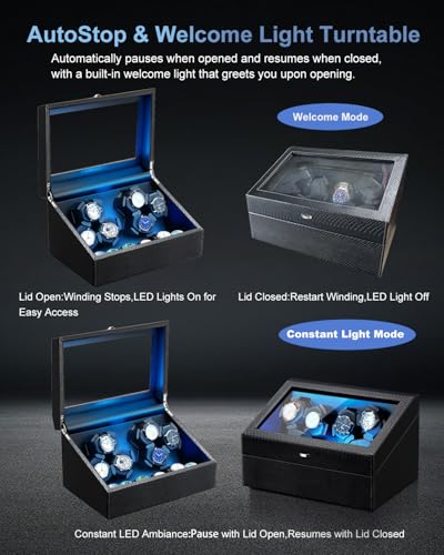 J&T Technology Watch Winder for Automatic Watches,Automatic Watch Winder with LED Light,6 Watch Winder + 6 Storage Case with Quiet Motor for Man/Woman's Watches(PU Snake Skin)