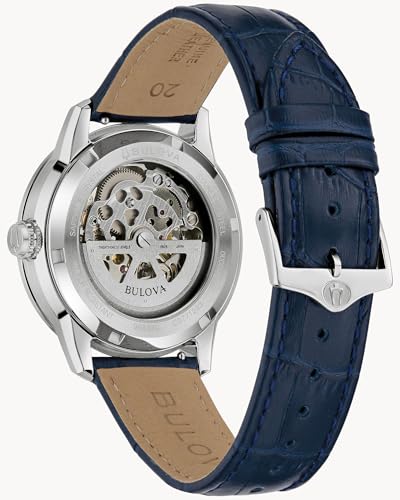 Bulova Sutton Automatic Skeleton Dial Blue Leather Strap Watch 40mm - 96A330