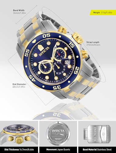 Invicta Men's Pro Diver Scuba 48mm Two Tone Stainless Steel Chronograph Quartz Watch, TT/Blue (Model: 0077)