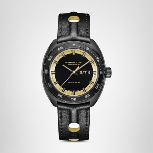 Hamilton American Classic Pan Europ Day Date Automatic Watch, 42mm Stainless Steel Case, Swiss Made, Black Dial Analog Wrist Watch, 50m Waterproof, Sapphire Crystal, Cow Leather Strap