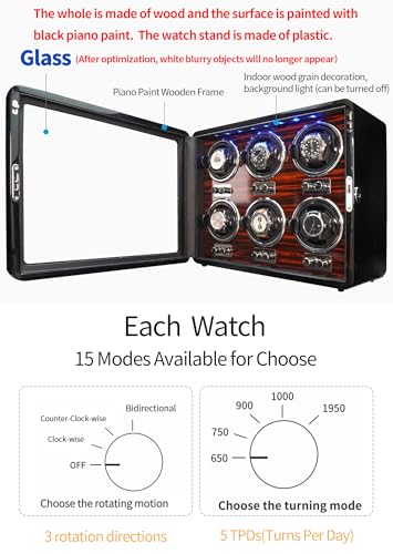 Oryx 6 Watch Winders for Automatic Watches Wooden Rotating Watch Box 15 Rotation Modes Setting Display Case with LED Light, AC or USB Powered Super Quiet Mabuchi Motor