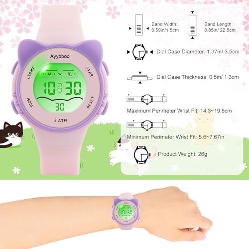Ayybboo Digital Watches for Girls Boys, 7 Color Lights Water Proof Watches with Alarm Stopwatch,Cute Cat Watch, Presents for Girls Boys Ages 5-13