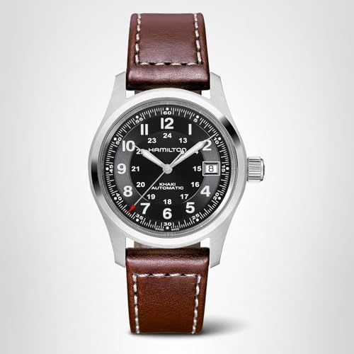 Hamilton Khaki Field Automatic Men's Watch, 38mm Stainless Steel Case, Swiss Made, Black Dial Analog Wrist Watch for Men, 100m Waterproof, Sapphire Crystal, 3-Hand Movement, Cow Leather Strap