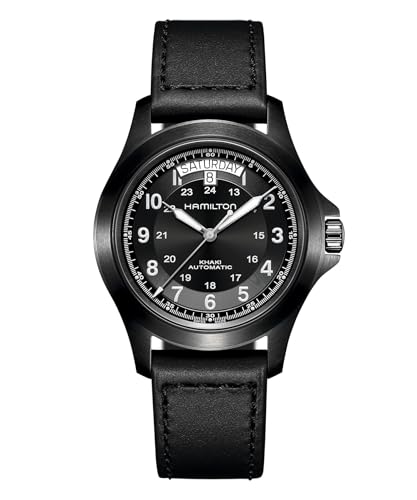 Hamilton Khaki Field King Automatic Men's Watch, 40mm Stainless Steel Case, Swiss Made, Black Dial Analog Wrist Watch for Men, 50m Waterproof, Sapphire Crystal, Calf Leather Strap