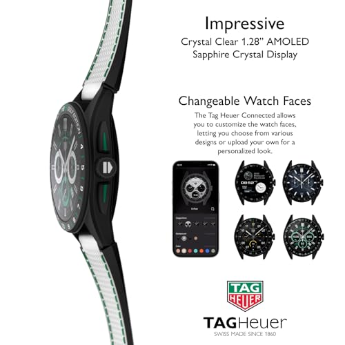 TAG Heuer Smart Watch, Fitness Watch, Connected Calibre E4 45 mm Golf Edition, Touch Screen, Waterproof, Calls, SMS, Steps, Heart Rate, Wellness, Titanium, White Or Black/Green Straps, SBR8A81.EB0251