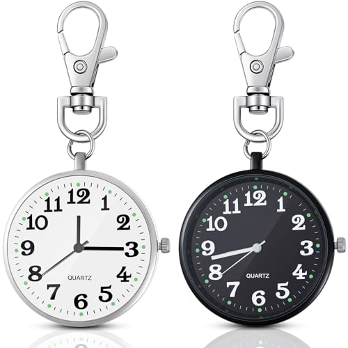 Junkin 2 Pieces Clip on Pocket Watch with Keychain, Nurse Watch with Key Buckle Unisex, Portable Hanging Digital Clip Fob