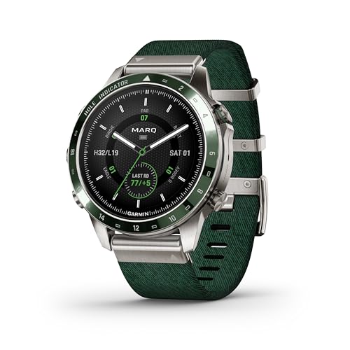 Garmin MARQ Golfer (Gen 2) Smartwatch, Grade-5 Titanium Case, Sapphire Lens, AMOLED Display, Advanced Golf Features & Virtual Caddie, Green Jacquard-Weave Nylon Strap, 010-02648-20 (Renewed)