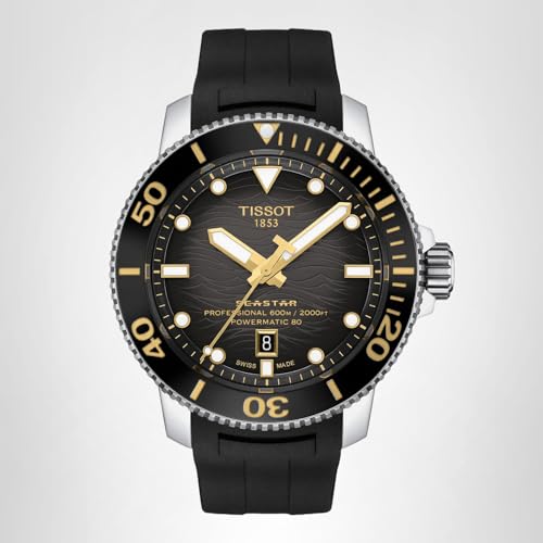 Tissot Mens Tissot Seastar 2000 Professional Powermatic 80 316L Stainless Steel case Automatic Watch, Black, Rubber, 22 (T1206071744101)
