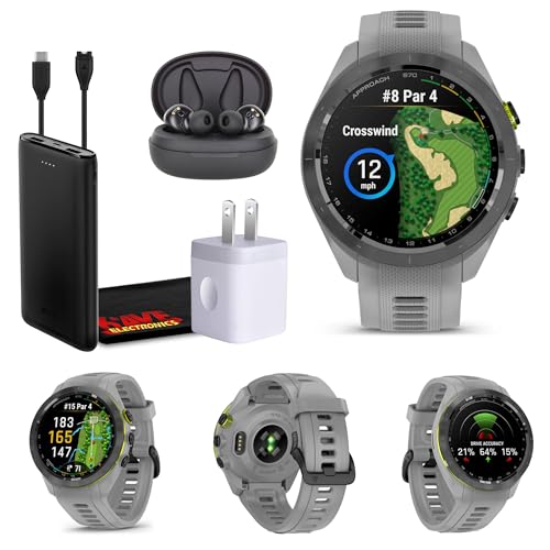 Garmin Approach S70 42MM Gray- Fitness Tracker Golf GPS Premium Smartwatch for Men, Lightweight Touchscreen AMOLED Display and Pre-Loaded Courses Bundle with Air Pro TWS Truly Wireless Earbuds -
